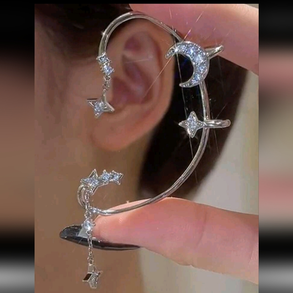 New Silver Star and Moon Dangle Ear Cuffs